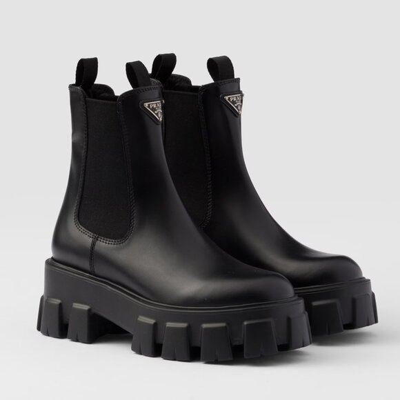 Prada Monolith Black Brushed Leather Ankle Booties Women's Size 8 - Picture 1 of 10
